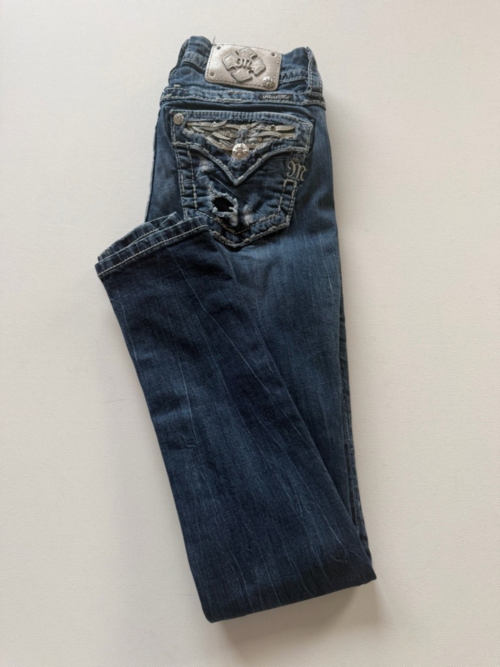 EUC Women's Miss Me Jeans Size 25/31 Skinny Distressed Pockets Embellished (KB3)